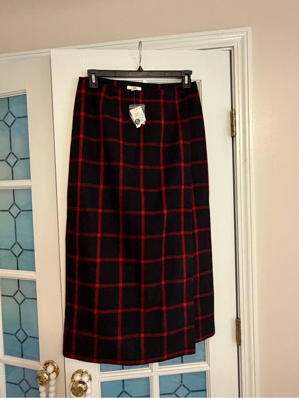 Cato Black Midi Skirt with Red Windowpane Plaid